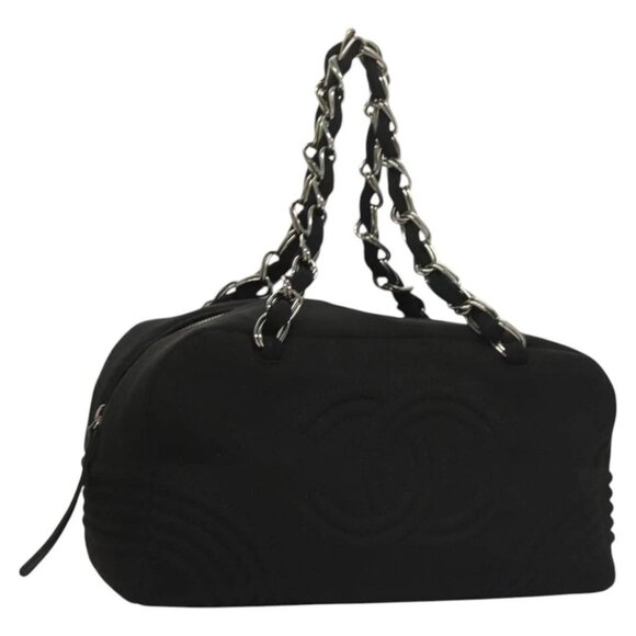 CHANEL Chain Shoulder Bag Cotton Black Silver CC Auth BA3021 - Picture 1 of 16